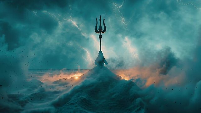 Shivas Trishula Rises from Stormy Waves Dramatic Lightning Sky