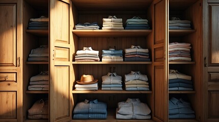 Organized Wooden Wardrobe with Neatly Folded Shirts