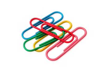 Colorful paper clips creating connections, grouping documents, offering vibrant office, school, business supplies on transparent background