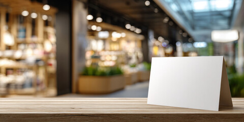 Fototapeta premium A blank white card on a wooden table in a store.