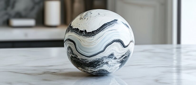 Marble sphere on table, modern kitchen background, design element