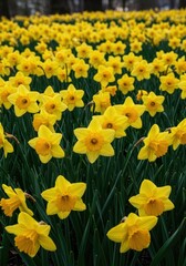 Fototapeta premium A magnificent display of golden yellow daffodils planted closely together in a sprawling springtime garden landscape under bright sunlight, fresh, springtime flowers, spring