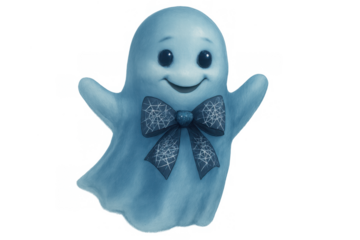 Blue friendly cartoon ghost smiling, wearing a bow tie with spider web pattern, a cute spirit for halloween