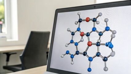 A laptop displays a molecular structure graphic, surrounded by a modern workspace with a chair and natural light.