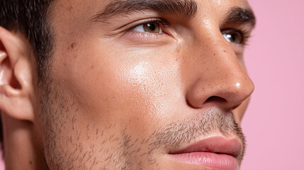 Fototapeta premium Male face closeup with oily glow around nose and lips, visible pores, stubble, smooth skin texture, natural complexion, healthy appearance, and soft lighting on pink background