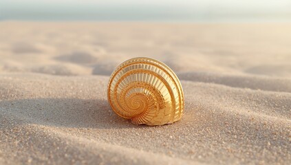 Golden Spiral Shell on Soft Sandy Beach at Sunrise Glow