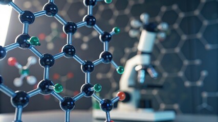 A close-up of a molecular structure with a microscope in the background, highlighting the intricate connections of atoms and scientific exploration.