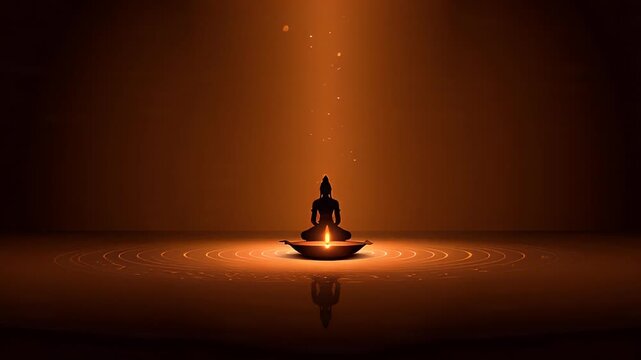 Lord Shiva Silhouette Meditating on Diya Lamp with Golden Light Beam
