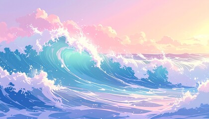 Fototapeta premium Dynamic Big Wave Scenery Wrapped in Fantastical Light: A Vibrant Ocean Background Rendered in a Stunning Animation Style