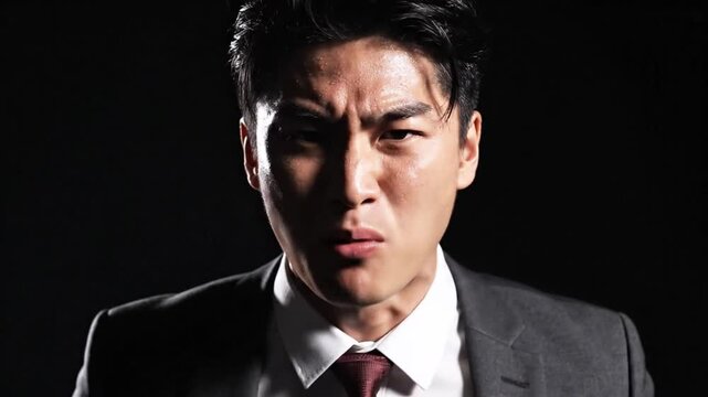 Stressed businessman pulling at his tie, overwhelmed by pressure and deadlines in a dark environment, feeling the weight of corporate expectations