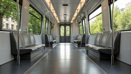Obraz premium A modern subway interior with empty seats, sleek design, and large windows showcasing greenery outside.