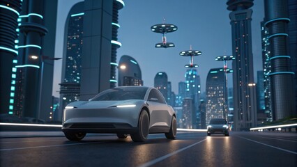 A futuristic city scene featuring sleek cars and drones under illuminated skyscrapers, showcasing advanced transportation technology.