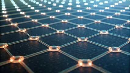 A futuristic grid pattern with illuminated nodes, showcasing a network-like structure against a dark background.