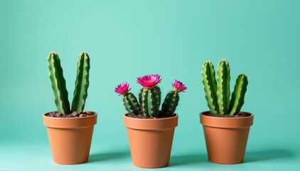 Fototapeta premium Opuntia cacti in terracotta pots, minimalist scene with ample copy space, background, studio shot