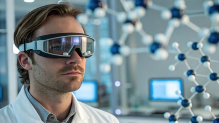 A focused researcher wearing advanced goggles in a lab, observing molecular structures with computer screens in the background.