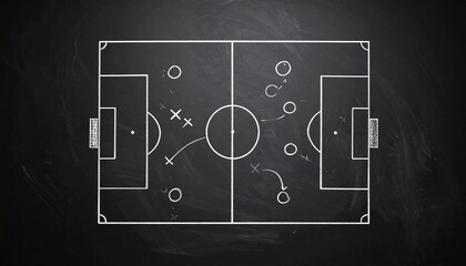 Overhead diagram of a soccer field with white chalk drawings depicting player positions and strategy on a black chalkboard