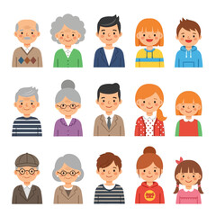 Vector icons Diverse Group of People Portraits Representing Different Ages and Genders. EPS Editable