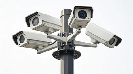 A set of five security cameras mounted on a pole, designed for surveillance and monitoring in various environments.