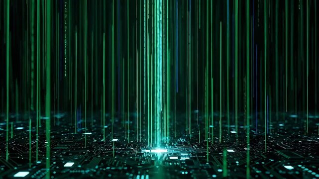 Glowing blue circuit board with green lines and digital light streams on a dark background with technology and innovation concept