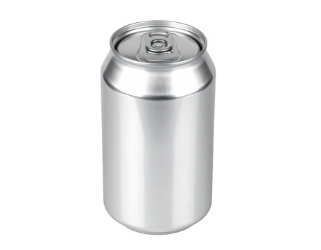 A close-up shot of a sleek, silver, cylindrical aluminum beverage container