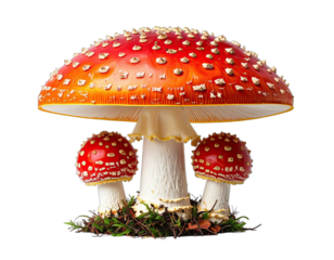 Image features a cluster of vibrant red capped mushrooms with white spots and stems