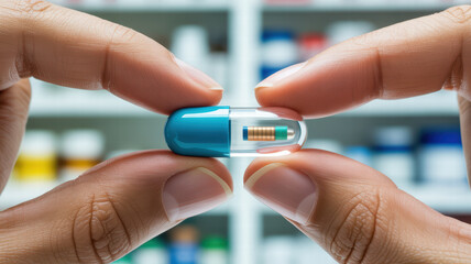 Macro shot of two fingers holding capsule, showcasing its intricate design and vibrant colors. image conveys sense of precision and care in handling of medication