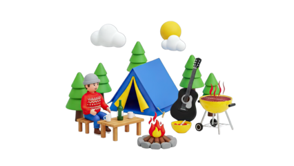 Camping Scene with Man, Tent, and BBQ - 3D Illustration