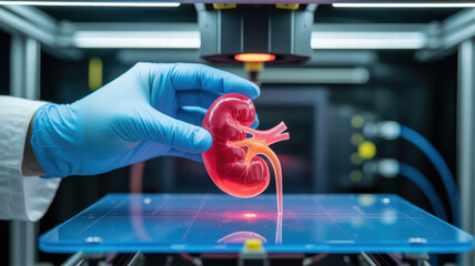 Scientist gloved hand carefully lifts 3D printed kidney model, showcasing advanced technology in medical research. vibrant red color highlights intricate details of organ
