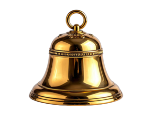 A gleaming golden bell isolated against a stark black background, showcasing intricate details