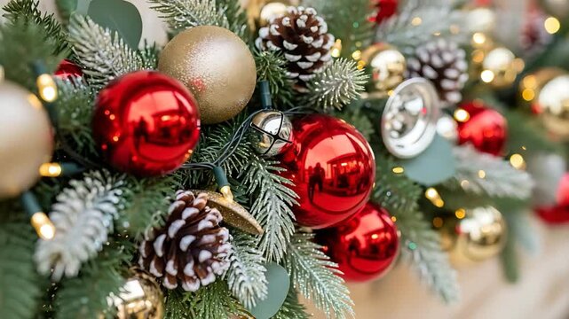 Closeup of a christmas tree branch with red and gold ornaments and pine cones on a blurred background