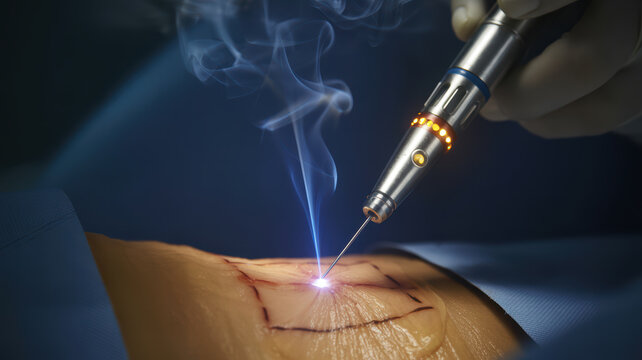 Close up editorial photograph of surgical procedure showcasing laser tool used for incision, emitting smoke and light, highlighting precision and advanced technology in medicine