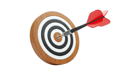 Dart hitting the bullseye on a target, isolated on white