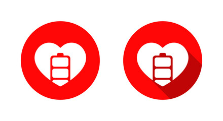 Heart battery icon with long shadow. Love power, life energy symbol