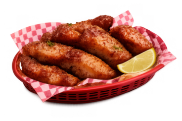 Crispy fried fish sticks in red basket with lime wedge, popular pub food, fast food seafood snack, transparent background