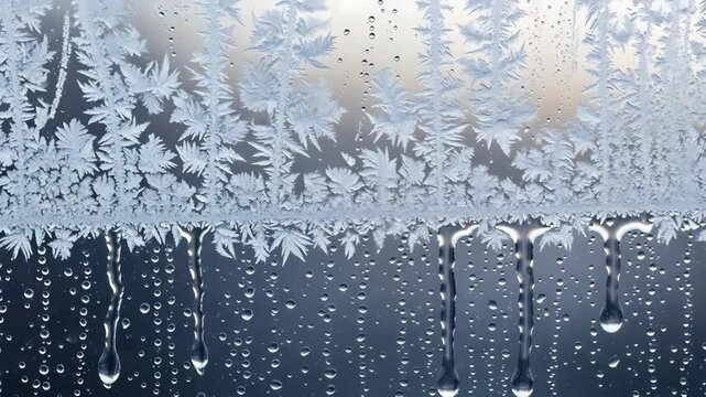 Frozen window with ice crystals and water droplets on a cold glass surface with frosty patterns