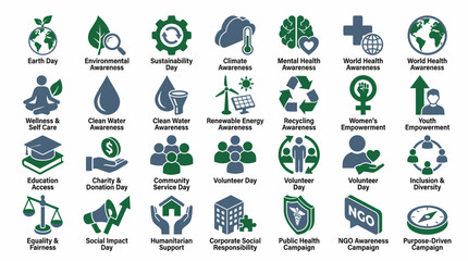 Vector Icons Set of Collection of Social and Environmental Awareness Icons for Global Campaigns. EPS Editable