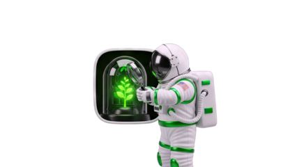 Astronaut Examining Plant in a Futuristic Terrarium