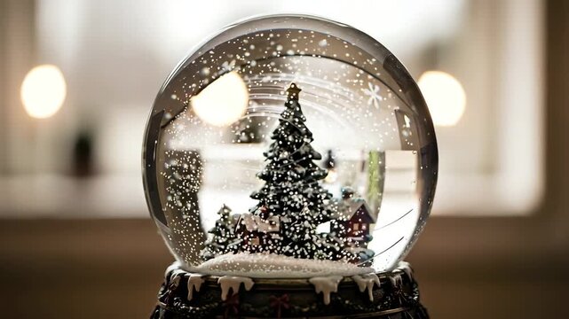 A snow globe with a miniature christmas tree and snowflakes inside on a decorative base with a blurred background