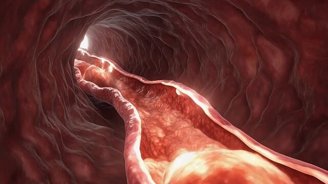 High-detail medical animation showing a constricted blood vessel or esophagus with internal narrowing. Visualizes blockage, reduced flow, and pathological conditions for healthc