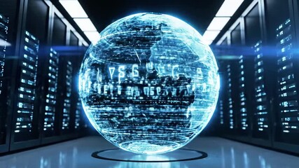 A large, glowing blue globe made of digital circuits stands in a futuristic server room with rows of computer servers - Powered by Adobe