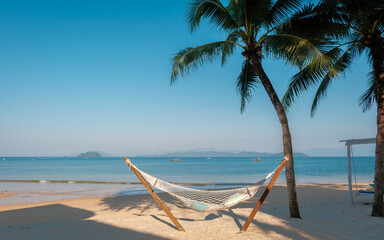 Relaxing hammock between palm trees on Koh Phayam Island in Thailand