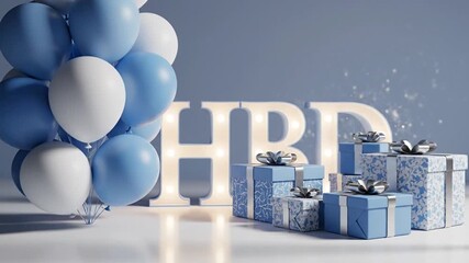 Cheerful birthday celebration with blue and white balloons, illuminated HBD sign, and beautifully wrapped gifts, perfect for a modern milestone event