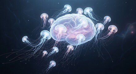 Surreal Abstract Brain Surrounded by Ethereal Jellyfish A Journey into Consciousness and the Unknown
