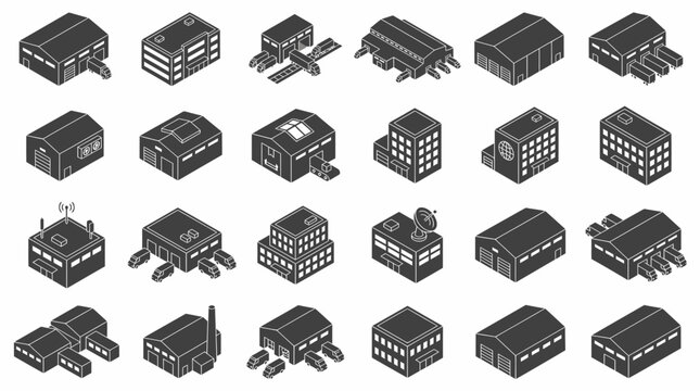 Vector Icons Set of Isometric Pixel Art Buildings and Structures Set. EPS Editable