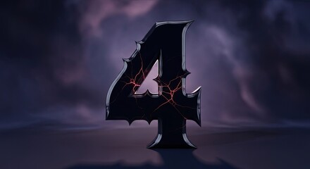 Naklejka premium Mysterious cracked number four with eerie glowing fractures against a cloudy backdrop