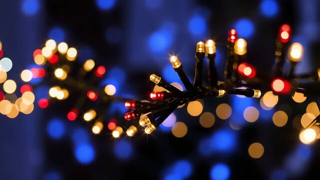 Colorful string lights with red, yellow, and orange bulbs on a dark background for festive decoration