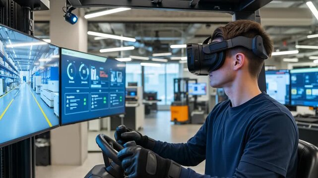 Young man operating industrial simulation with virtual reality headset for immersive learning, skill development, and professional training in a modern tech facility for Industry 4.0 education