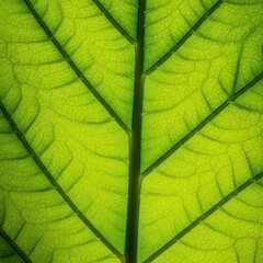 Obraz premium Detailed close-up of a vibrant green leaf showing intricate vascular structures and fine organic texture in bright sunlight, texture, life, season