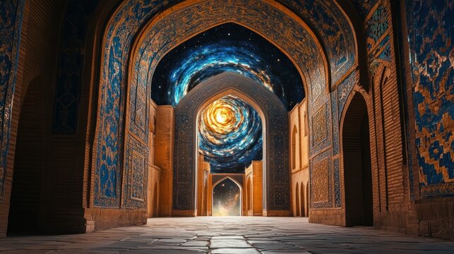 An Uzbek madrassa in Samarkand, its massive arched portal (pishtaq) covered in glazed tiles depicting a swirling nebula instead of traditional patterns