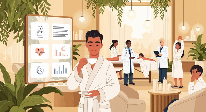Man in white bathrobe holding cup.